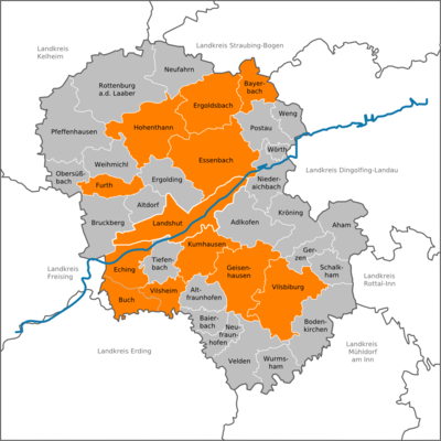 Übersichtskarte der Gemeinden oder Städte im Landkreislandshut welche die Protokolle ihrer Gmeinde/Stadtratssitzungen im Internet veröffenltichen positive hervorhebt.